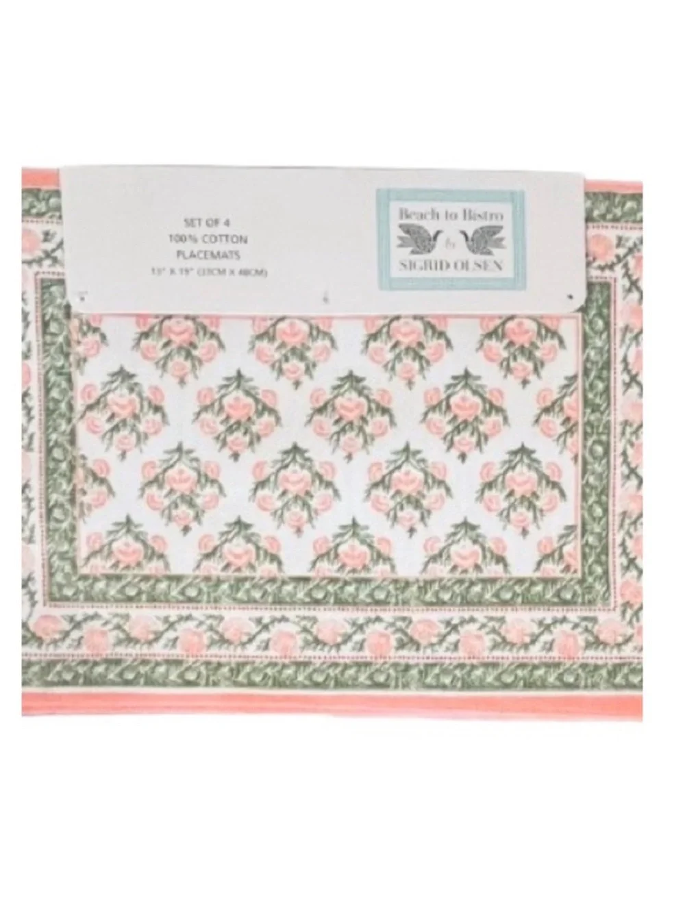 🆕- Sigrid Olsen Beach to Bistro- Set of 4 Pink Seashell & Green Leaf Placemats